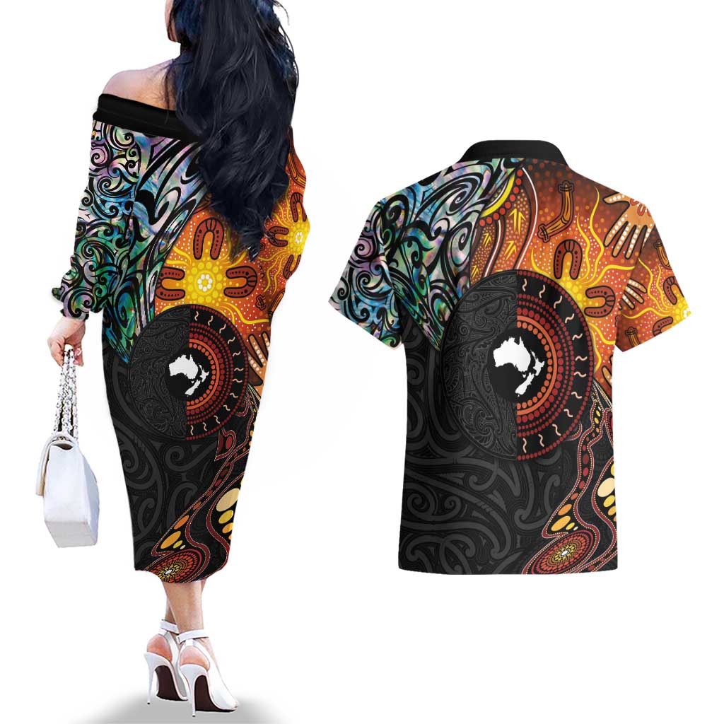New Zealand and Australia Together Couples Matching Off The Shoulder Long Sleeve Dress and Hawaiian Shirt Maori Tattoo Paua Shell mix Aboriginal Pattern LT03 - Polynesian Pride
