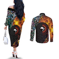 New Zealand and Australia Together Couples Matching Off The Shoulder Long Sleeve Dress and Long Sleeve Button Shirt Maori Tattoo Paua Shell mix Aboriginal Pattern LT03 - Polynesian Pride