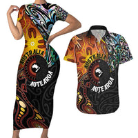 New Zealand and Australia Together Couples Matching Short Sleeve Bodycon Dress and Hawaiian Shirt Maori Tattoo Paua Shell mix Aboriginal Pattern LT03 Black - Polynesian Pride