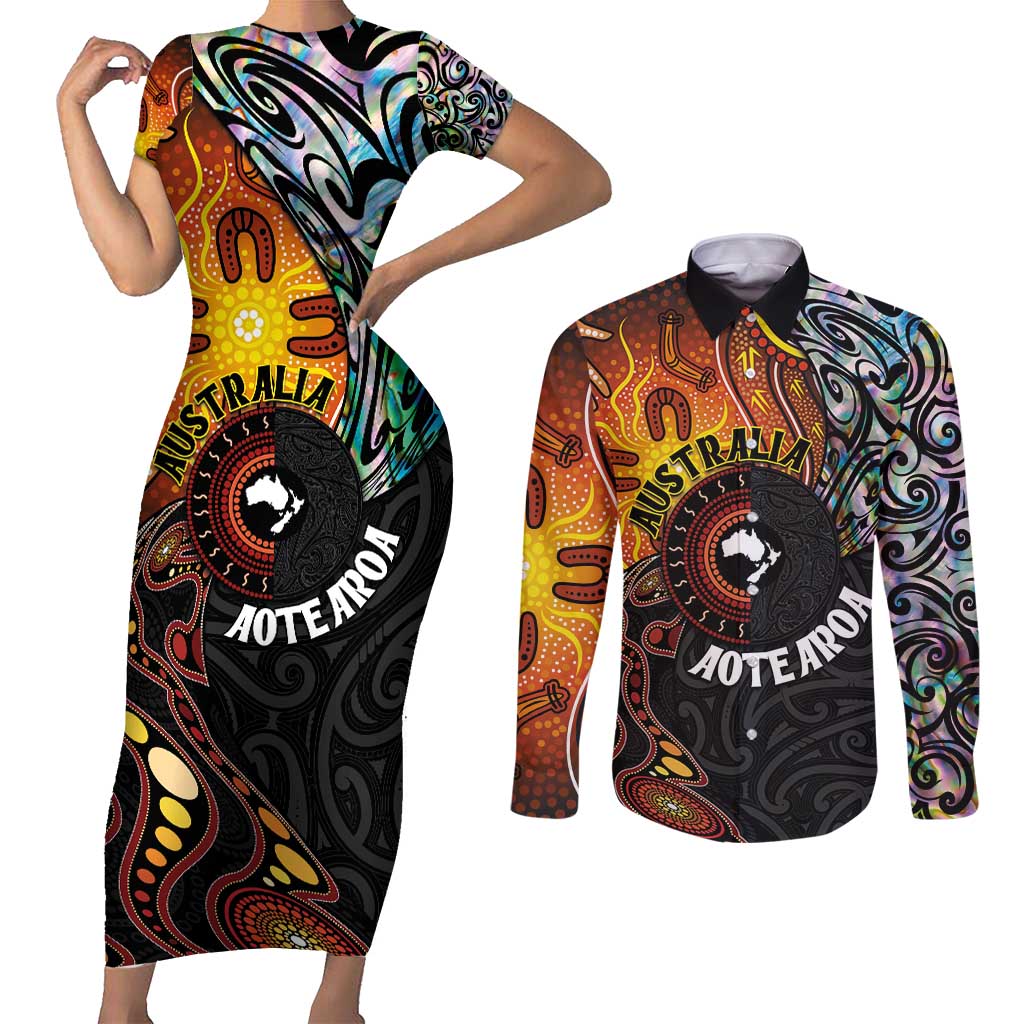 New Zealand and Australia Together Couples Matching Short Sleeve Bodycon Dress and Long Sleeve Button Shirt Maori Tattoo Paua Shell mix Aboriginal Pattern LT03 Black - Polynesian Pride