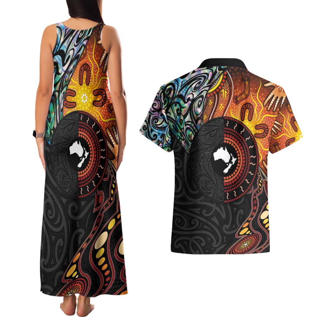 New Zealand and Australia Together Couples Matching Tank Maxi Dress and Hawaiian Shirt Maori Tattoo Paua Shell mix Aboriginal Pattern LT03 - Polynesian Pride