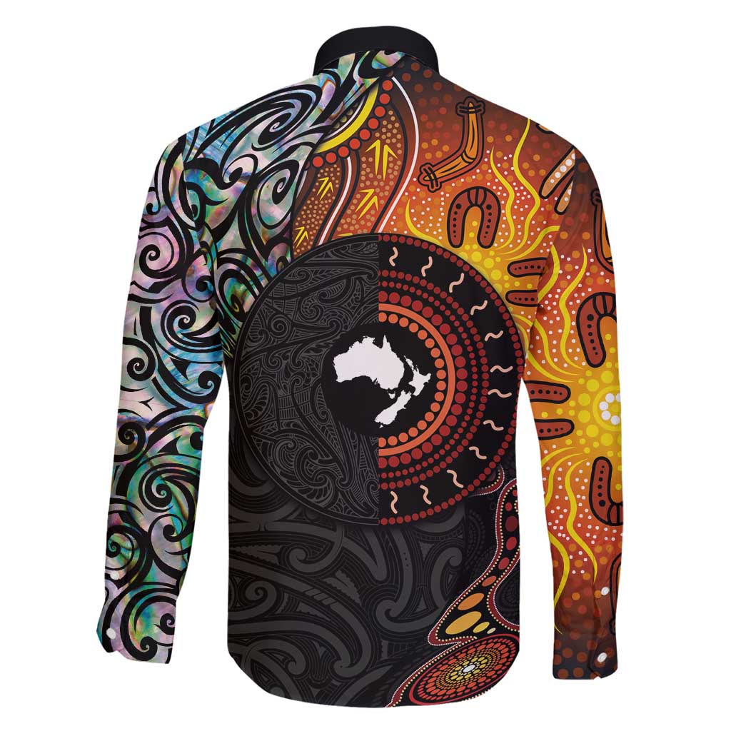New Zealand and Australia Together Family Matching Long Sleeve Bodycon Dress and Hawaiian Shirt Maori Tattoo Paua Shell mix Aboriginal Pattern LT03 - Polynesian Pride