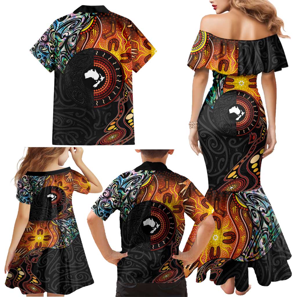 New Zealand and Australia Together Family Matching Mermaid Dress and Hawaiian Shirt Maori Tattoo Paua Shell mix Aboriginal Pattern LT03 - Polynesian Pride