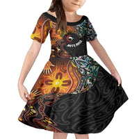 New Zealand and Australia Together Family Matching Off The Shoulder Long Sleeve Dress and Hawaiian Shirt Maori Tattoo Paua Shell mix Aboriginal Pattern LT03 Daughter's Dress Black - Polynesian Pride