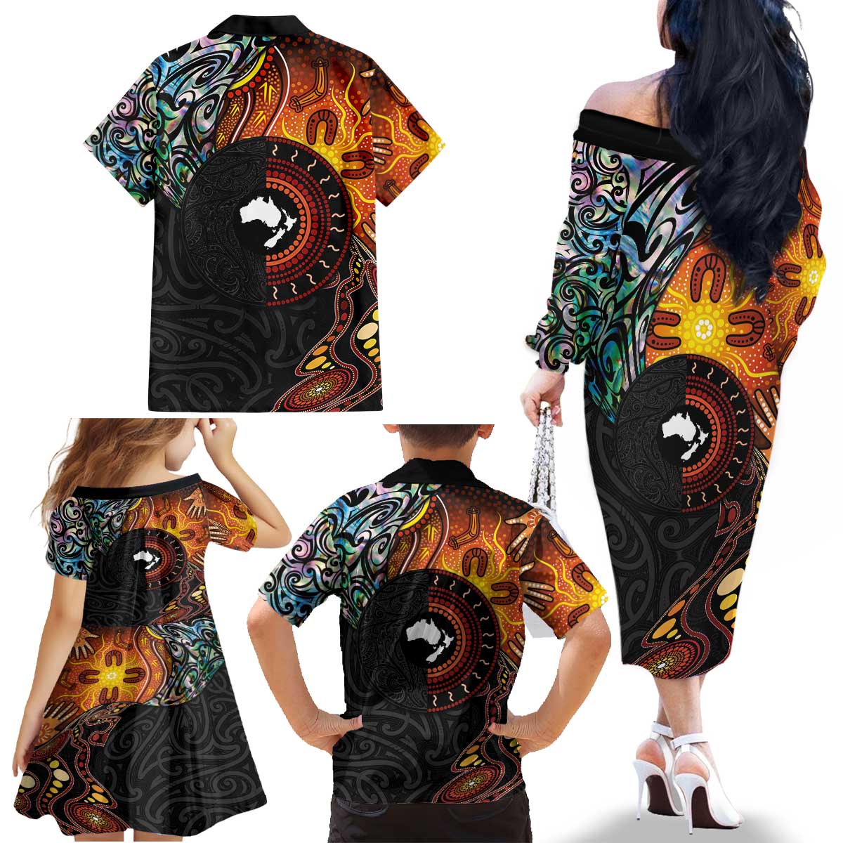 New Zealand and Australia Together Family Matching Off The Shoulder Long Sleeve Dress and Hawaiian Shirt Maori Tattoo Paua Shell mix Aboriginal Pattern LT03 - Polynesian Pride