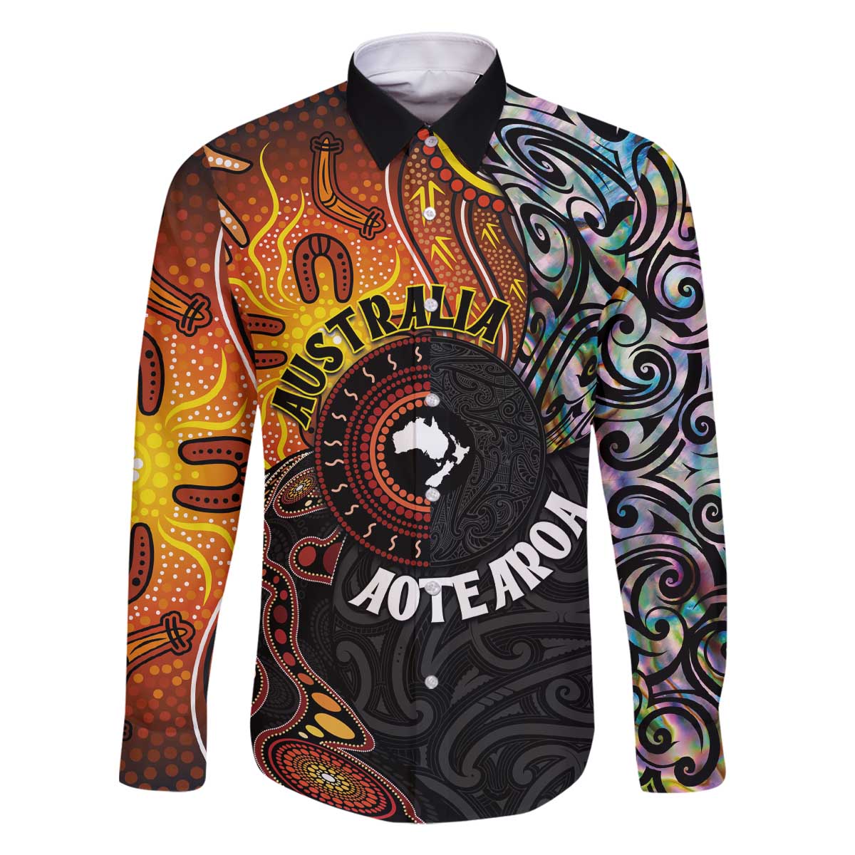 New Zealand and Australia Together Family Matching Off The Shoulder Long Sleeve Dress and Hawaiian Shirt Maori Tattoo Paua Shell mix Aboriginal Pattern LT03 Dad's Shirt - Long Sleeve Black - Polynesian Pride