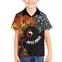 New Zealand and Australia Together Family Matching Off The Shoulder Long Sleeve Dress and Hawaiian Shirt Maori Tattoo Paua Shell mix Aboriginal Pattern LT03 Son's Shirt Black - Polynesian Pride