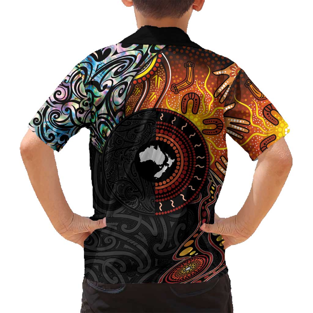 New Zealand and Australia Together Family Matching Off Shoulder Maxi Dress and Hawaiian Shirt Maori Tattoo Paua Shell mix Aboriginal Pattern LT03 - Polynesian Pride