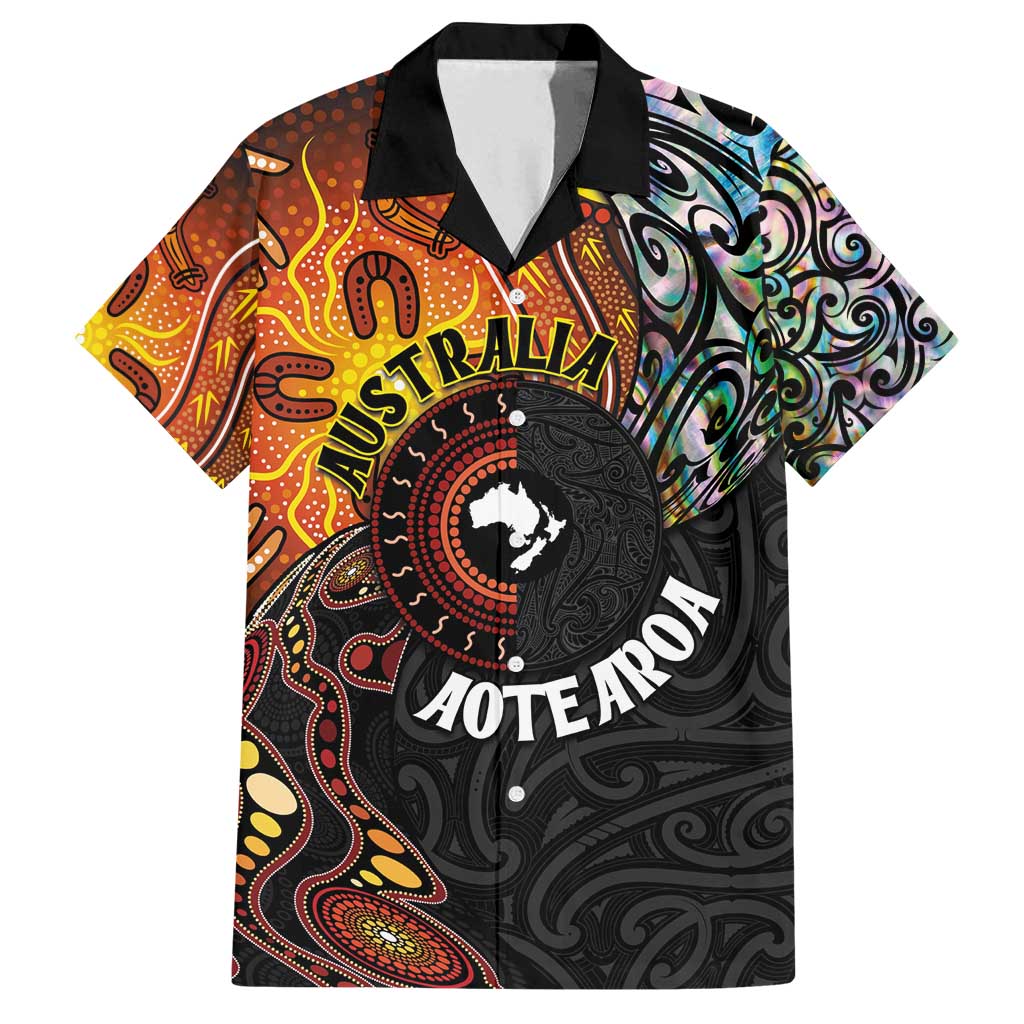 New Zealand and Australia Together Family Matching Off Shoulder Maxi Dress and Hawaiian Shirt Maori Tattoo Paua Shell mix Aboriginal Pattern LT03 Dad's Shirt - Short Sleeve Black - Polynesian Pride