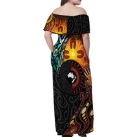 New Zealand and Australia Together Family Matching Off Shoulder Maxi Dress and Hawaiian Shirt Maori Tattoo Paua Shell mix Aboriginal Pattern LT03 - Polynesian Pride