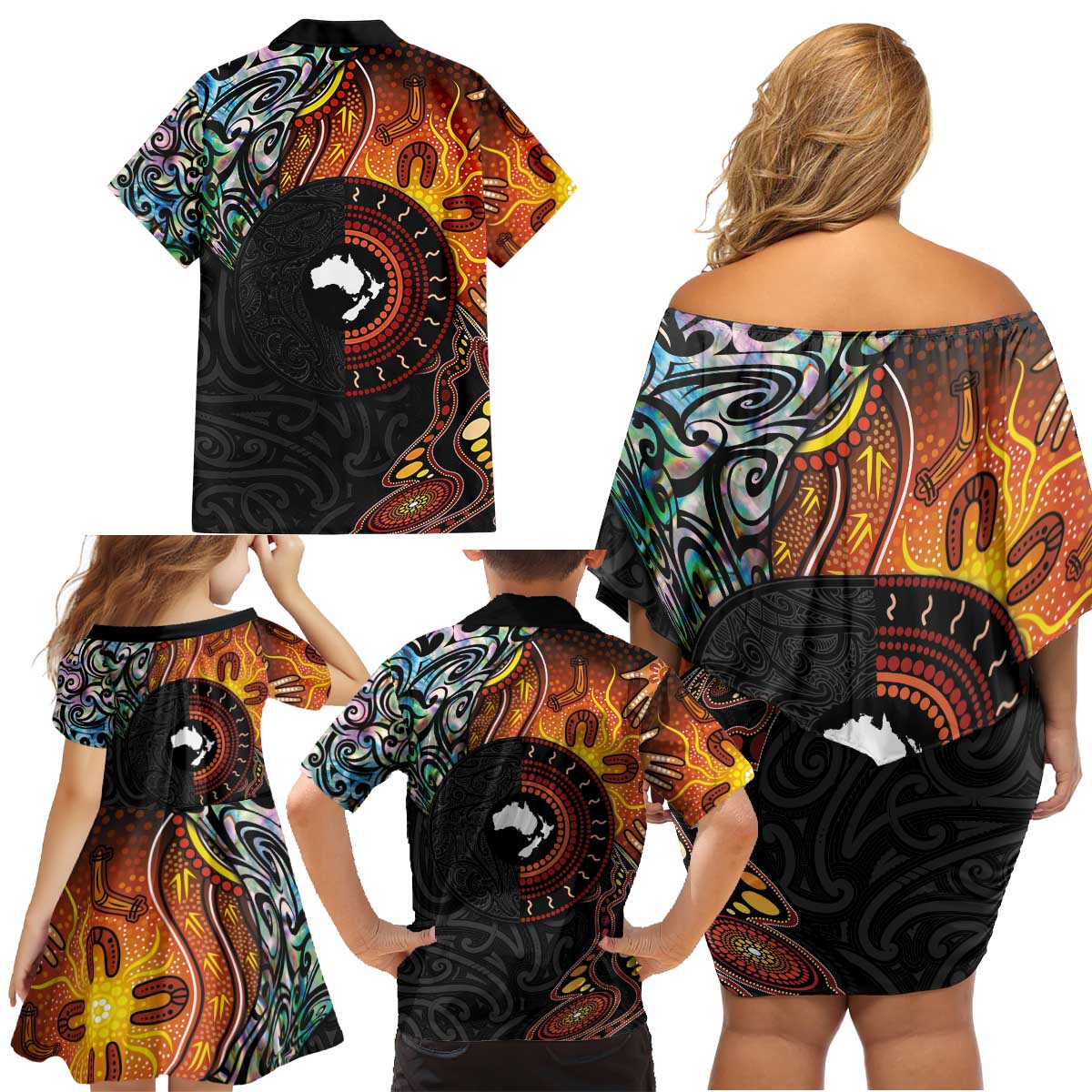 New Zealand and Australia Together Family Matching Off Shoulder Short Dress and Hawaiian Shirt Maori Tattoo Paua Shell mix Aboriginal Pattern LT03 - Polynesian Pride