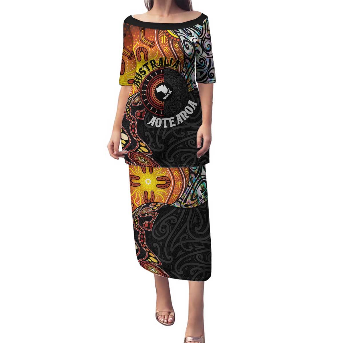 New Zealand and Australia Together Family Matching Puletasi and Hawaiian Shirt Maori Tattoo Paua Shell mix Aboriginal Pattern LT03 Mom's Dress Black - Polynesian Pride