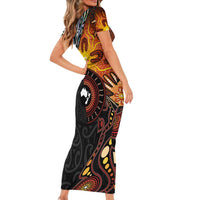 New Zealand and Australia Together Family Matching Short Sleeve Bodycon Dress and Hawaiian Shirt Maori Tattoo Paua Shell mix Aboriginal Pattern LT03 - Polynesian Pride