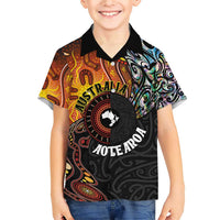 New Zealand and Australia Together Family Matching Short Sleeve Bodycon Dress and Hawaiian Shirt Maori Tattoo Paua Shell mix Aboriginal Pattern LT03 Son's Shirt Black - Polynesian Pride