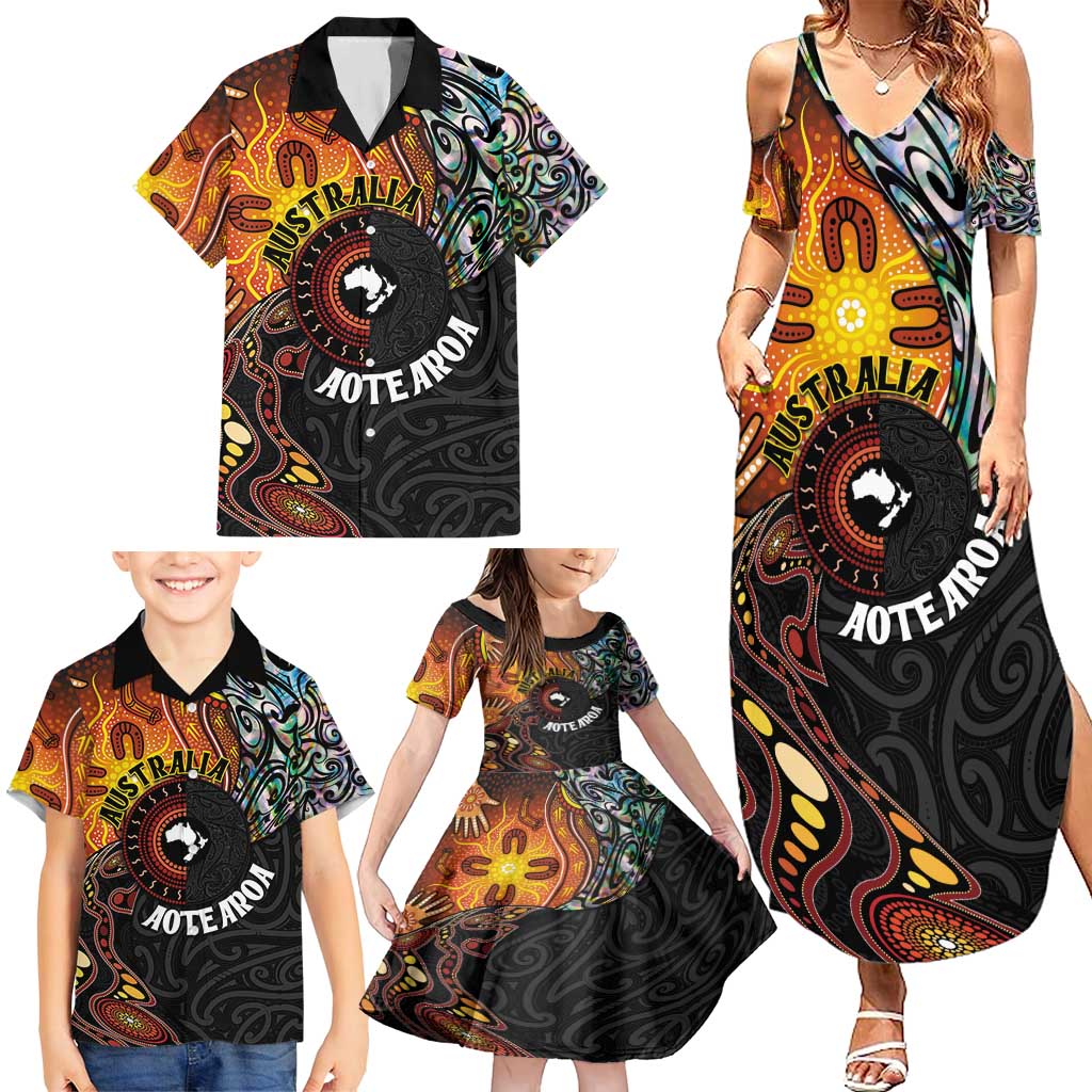 New Zealand and Australia Together Family Matching Summer Maxi Dress and Hawaiian Shirt Maori Tattoo Paua Shell mix Aboriginal Pattern LT03 - Polynesian Pride