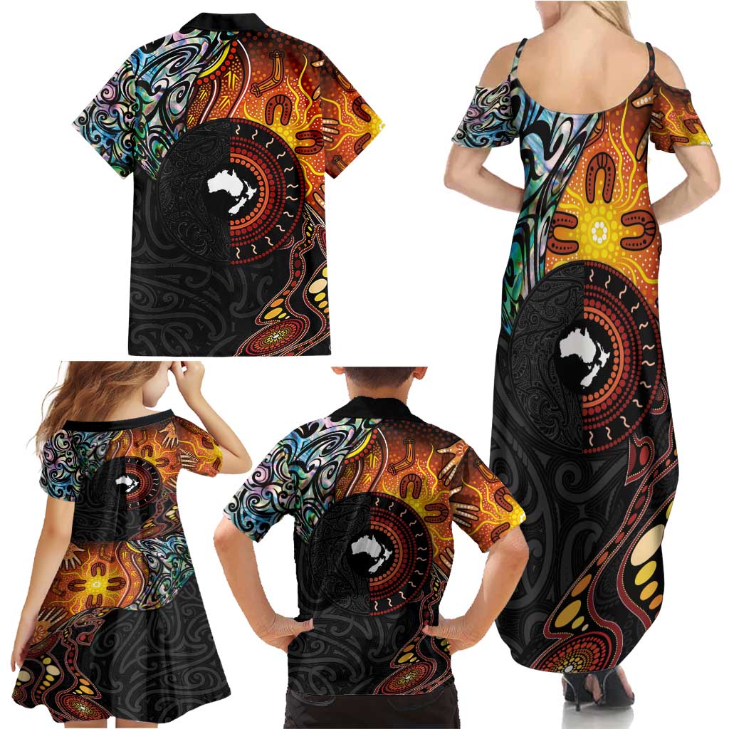 New Zealand and Australia Together Family Matching Summer Maxi Dress and Hawaiian Shirt Maori Tattoo Paua Shell mix Aboriginal Pattern LT03 - Polynesian Pride