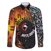 New Zealand and Australia Together Family Matching Summer Maxi Dress and Hawaiian Shirt Maori Tattoo Paua Shell mix Aboriginal Pattern LT03 Dad's Shirt - Long Sleeve Black - Polynesian Pride