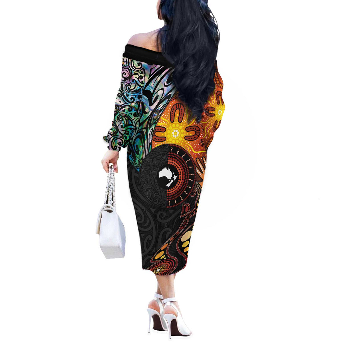 New Zealand and Australia Together Off The Shoulder Long Sleeve Dress Maori Tattoo Paua Shell mix Aboriginal Pattern