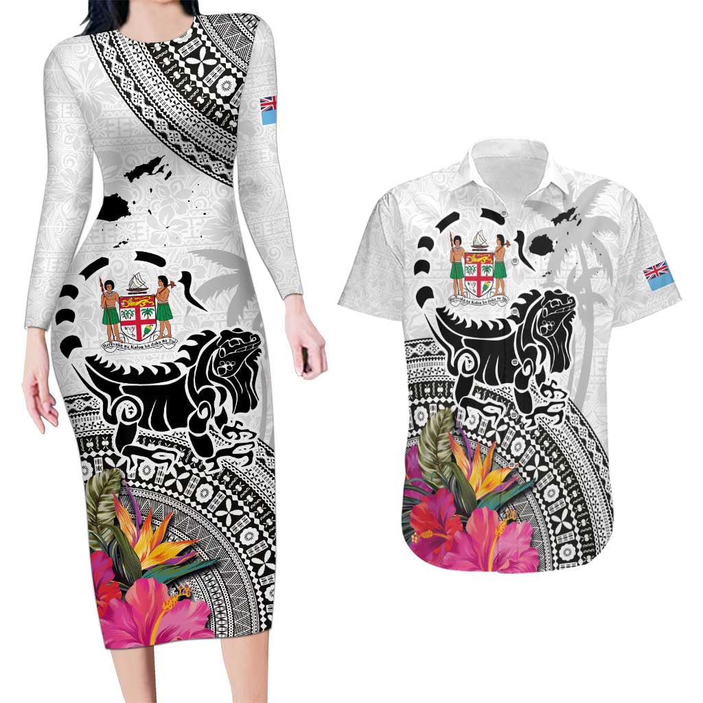 Fiji Iguana Couples Matching Long Sleeve Bodycon Dress and Hawaiian Shirt Tapa Tribal Tattoo and Hibiscus LT03 White - Polynesian Pride