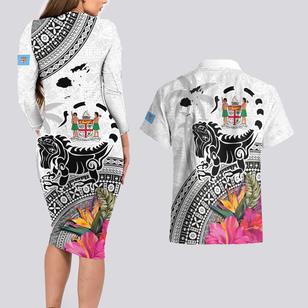 Fiji Iguana Couples Matching Long Sleeve Bodycon Dress and Hawaiian Shirt Tapa Tribal Tattoo and Hibiscus LT03 - Polynesian Pride