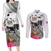 Fiji Iguana Couples Matching Long Sleeve Bodycon Dress and Long Sleeve Button Shirt Tapa Tribal Tattoo and Hibiscus LT03 White - Polynesian Pride