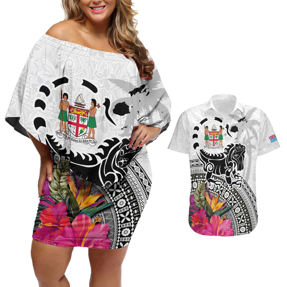 Fiji Iguana Couples Matching Off Shoulder Short Dress and Hawaiian Shirt Tapa Tribal Tattoo and Hibiscus LT03 White - Polynesian Pride