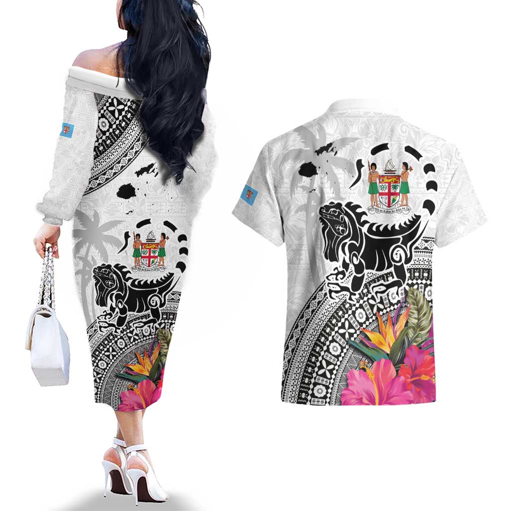 Fiji Iguana Couples Matching Off The Shoulder Long Sleeve Dress and Hawaiian Shirt Tapa Tribal Tattoo and Hibiscus LT03 - Polynesian Pride