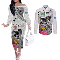 Fiji Iguana Couples Matching Off The Shoulder Long Sleeve Dress and Long Sleeve Button Shirt Tapa Tribal Tattoo and Hibiscus LT03 White - Polynesian Pride