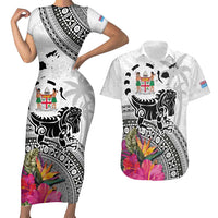 Fiji Iguana Couples Matching Short Sleeve Bodycon Dress and Hawaiian Shirt Tapa Tribal Tattoo and Hibiscus LT03 White - Polynesian Pride