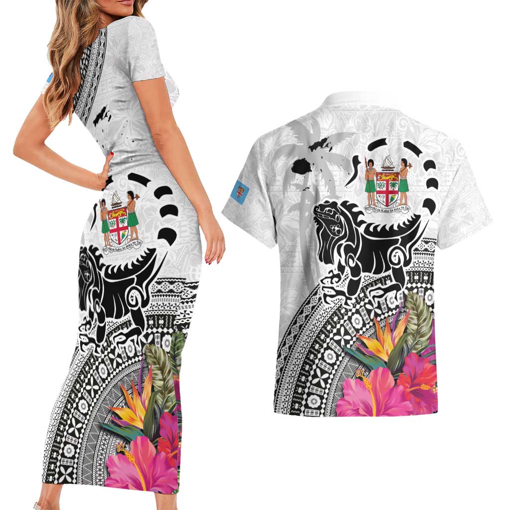 Fiji Iguana Couples Matching Short Sleeve Bodycon Dress and Hawaiian Shirt Tapa Tribal Tattoo and Hibiscus LT03 - Polynesian Pride