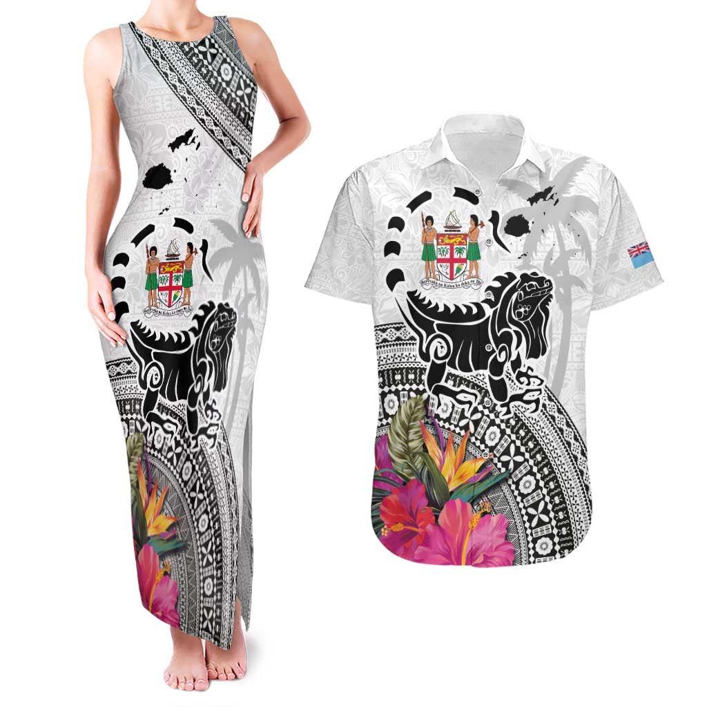 Fiji Iguana Couples Matching Tank Maxi Dress and Hawaiian Shirt Tapa Tribal Tattoo and Hibiscus LT03 White - Polynesian Pride