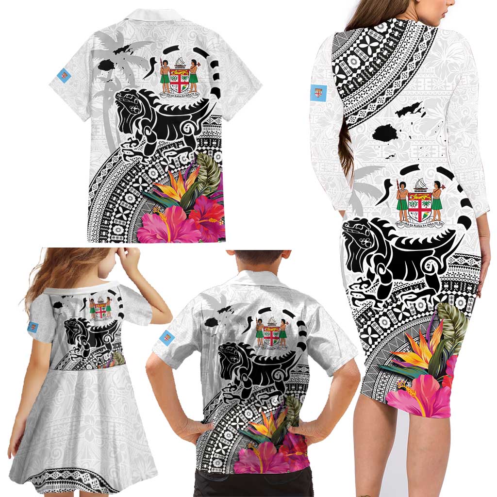 Fiji Iguana Family Matching Long Sleeve Bodycon Dress and Hawaiian Shirt Tapa Tribal Tattoo and Hibiscus LT03 - Polynesian Pride