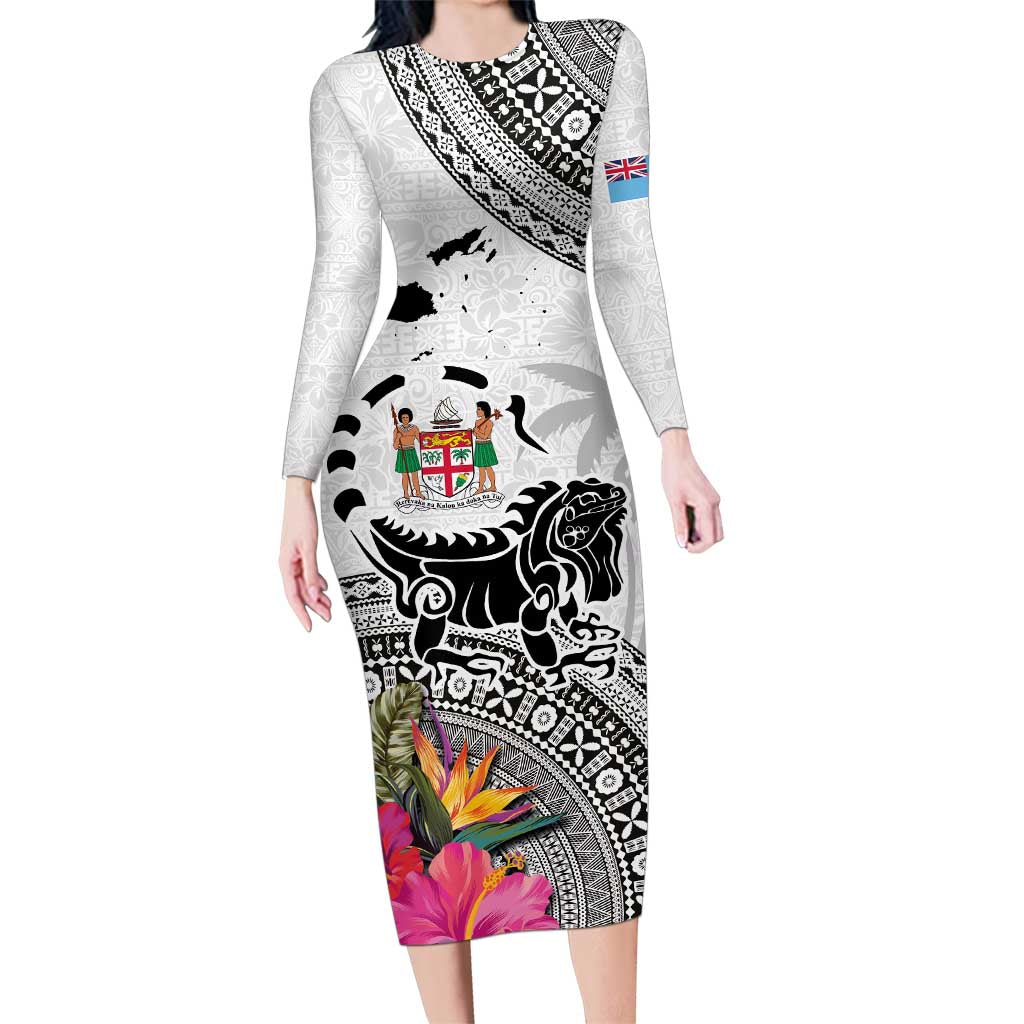 Fiji Iguana Family Matching Long Sleeve Bodycon Dress and Hawaiian Shirt Tapa Tribal Tattoo and Hibiscus LT03 Mom's Dress White - Polynesian Pride