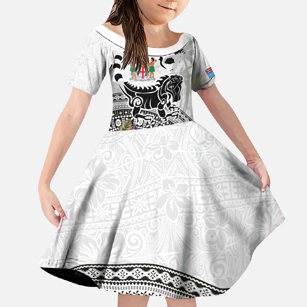 Fiji Iguana Family Matching Mermaid Dress and Hawaiian Shirt Tapa Tribal Tattoo and Hibiscus LT03 Daughter's Dress White - Polynesian Pride