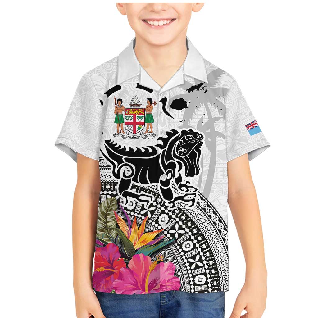 Fiji Iguana Family Matching Mermaid Dress and Hawaiian Shirt Tapa Tribal Tattoo and Hibiscus LT03 Son's Shirt White - Polynesian Pride