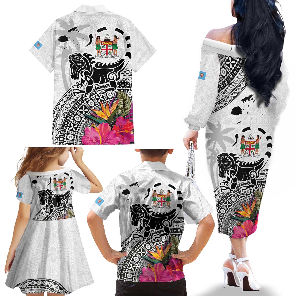 Fiji Iguana Family Matching Off The Shoulder Long Sleeve Dress and Hawaiian Shirt Tapa Tribal Tattoo and Hibiscus LT03 - Polynesian Pride
