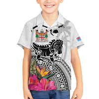 Fiji Iguana Family Matching Off The Shoulder Long Sleeve Dress and Hawaiian Shirt Tapa Tribal Tattoo and Hibiscus LT03 Son's Shirt White - Polynesian Pride