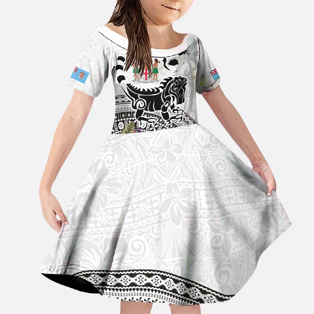 Fiji Iguana Family Matching Off Shoulder Maxi Dress and Hawaiian Shirt Tapa Tribal Tattoo and Hibiscus LT03 Daughter's Dress White - Polynesian Pride