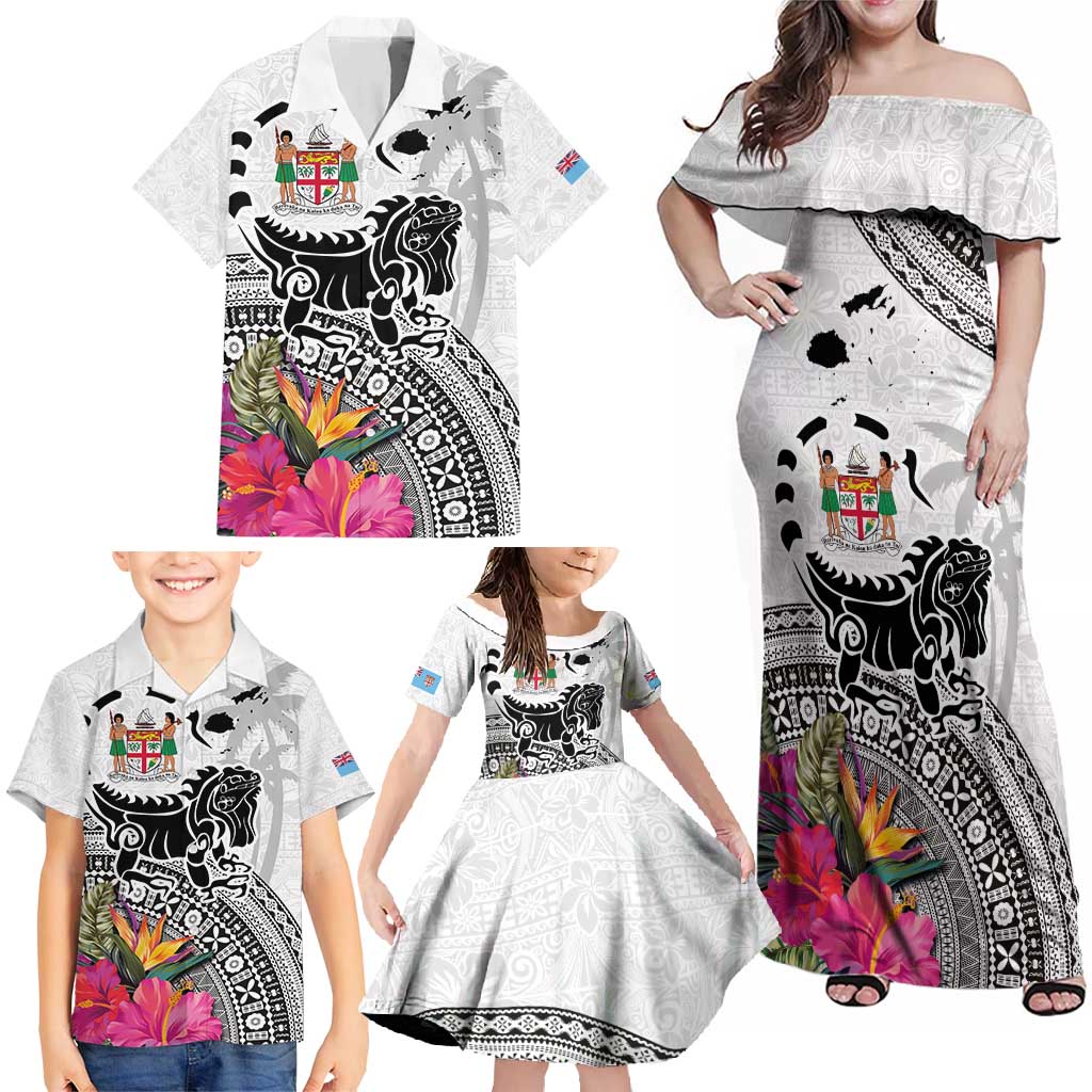 Fiji Iguana Family Matching Off Shoulder Maxi Dress and Hawaiian Shirt Tapa Tribal Tattoo and Hibiscus LT03 - Polynesian Pride