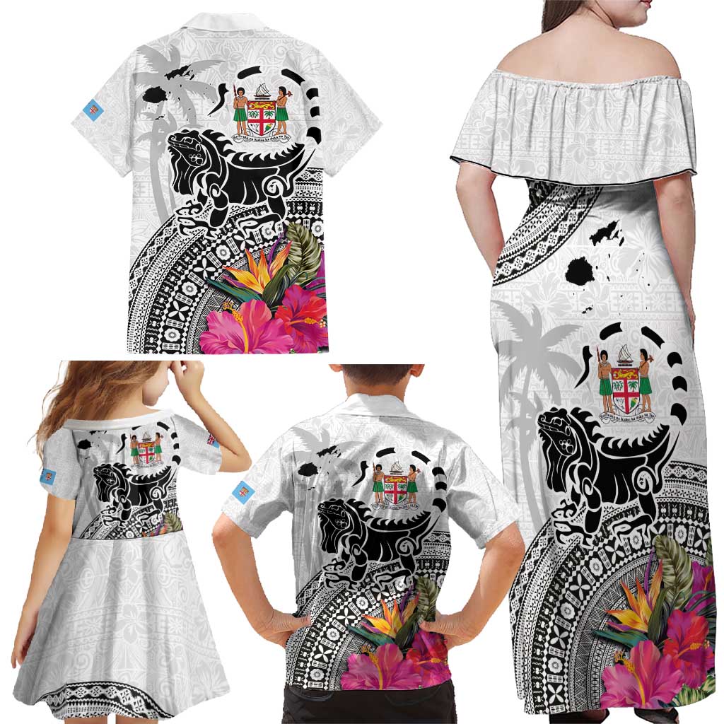 Fiji Iguana Family Matching Off Shoulder Maxi Dress and Hawaiian Shirt Tapa Tribal Tattoo and Hibiscus LT03 - Polynesian Pride
