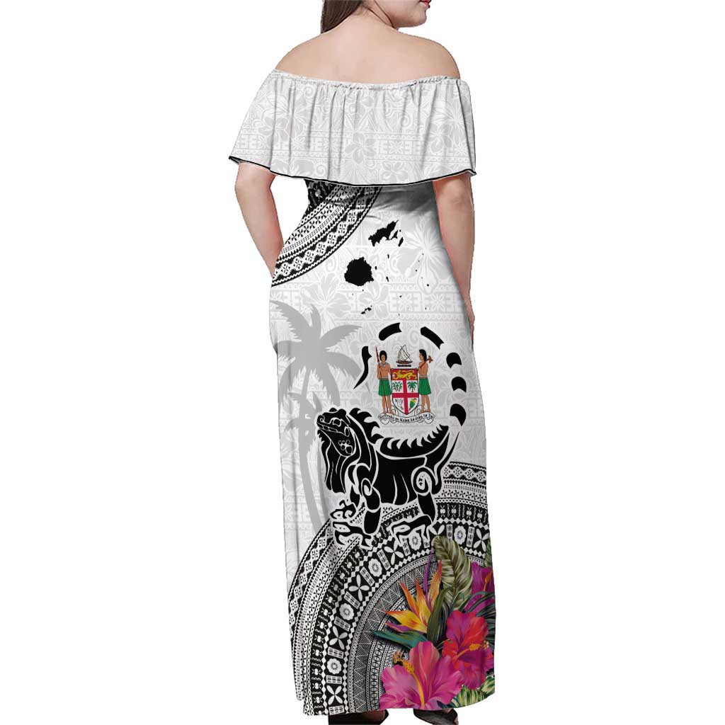 Fiji Iguana Family Matching Off Shoulder Maxi Dress and Hawaiian Shirt Tapa Tribal Tattoo and Hibiscus LT03 - Polynesian Pride