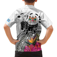 Fiji Iguana Family Matching Off Shoulder Short Dress and Hawaiian Shirt Tapa Tribal Tattoo and Hibiscus LT03 - Polynesian Pride