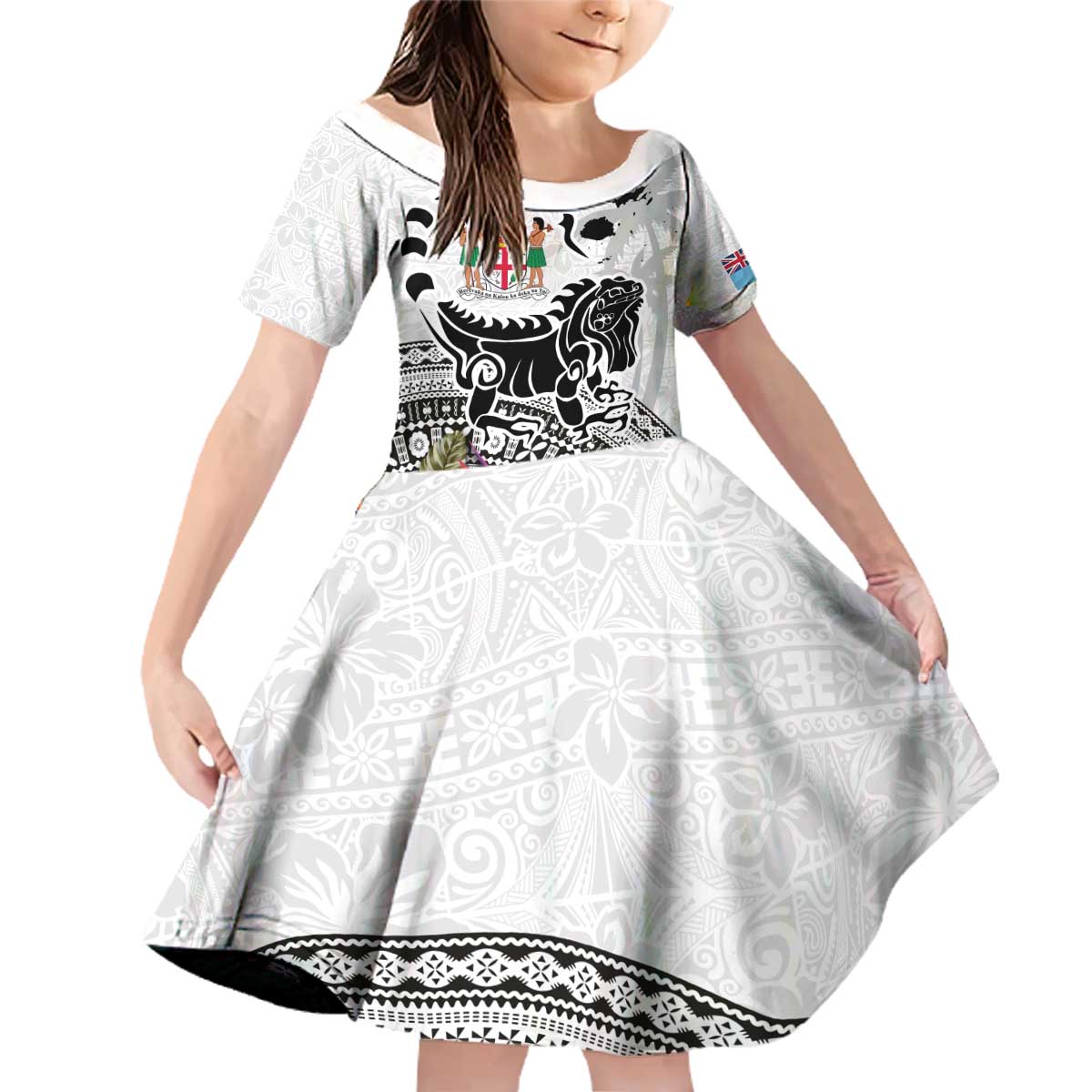 Fiji Iguana Family Matching Off Shoulder Short Dress and Hawaiian Shirt Tapa Tribal Tattoo and Hibiscus LT03 Daughter's Dress White - Polynesian Pride