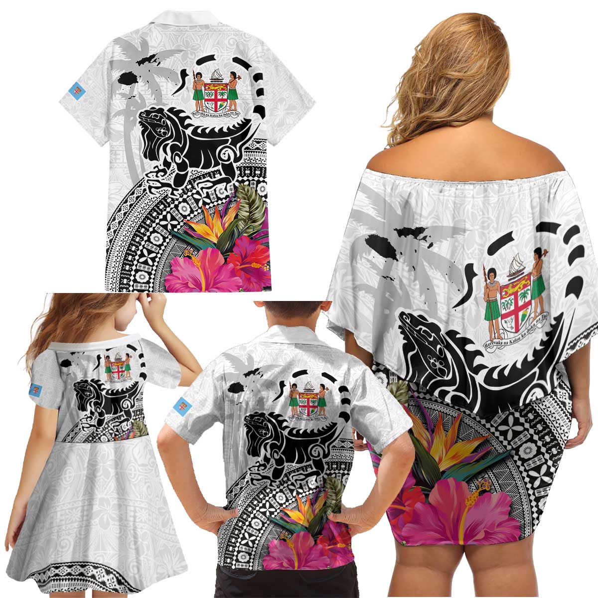 Fiji Iguana Family Matching Off Shoulder Short Dress and Hawaiian Shirt Tapa Tribal Tattoo and Hibiscus LT03 - Polynesian Pride