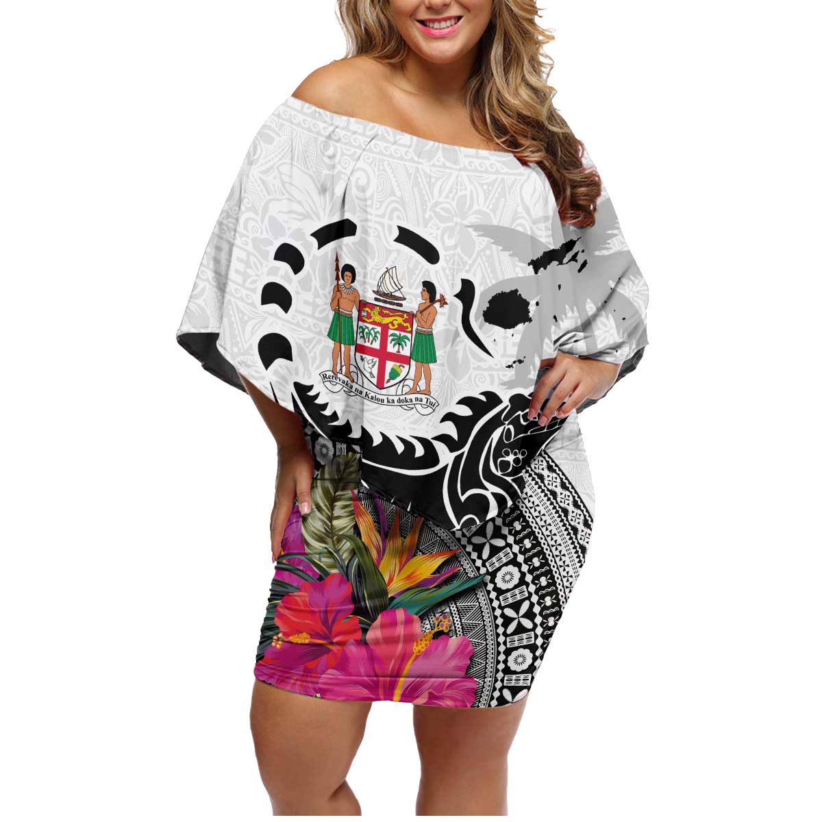 Fiji Iguana Family Matching Off Shoulder Short Dress and Hawaiian Shirt Tapa Tribal Tattoo and Hibiscus LT03 Mom's Dress White - Polynesian Pride