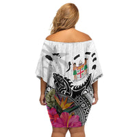 Fiji Iguana Family Matching Off Shoulder Short Dress and Hawaiian Shirt Tapa Tribal Tattoo and Hibiscus LT03 - Polynesian Pride