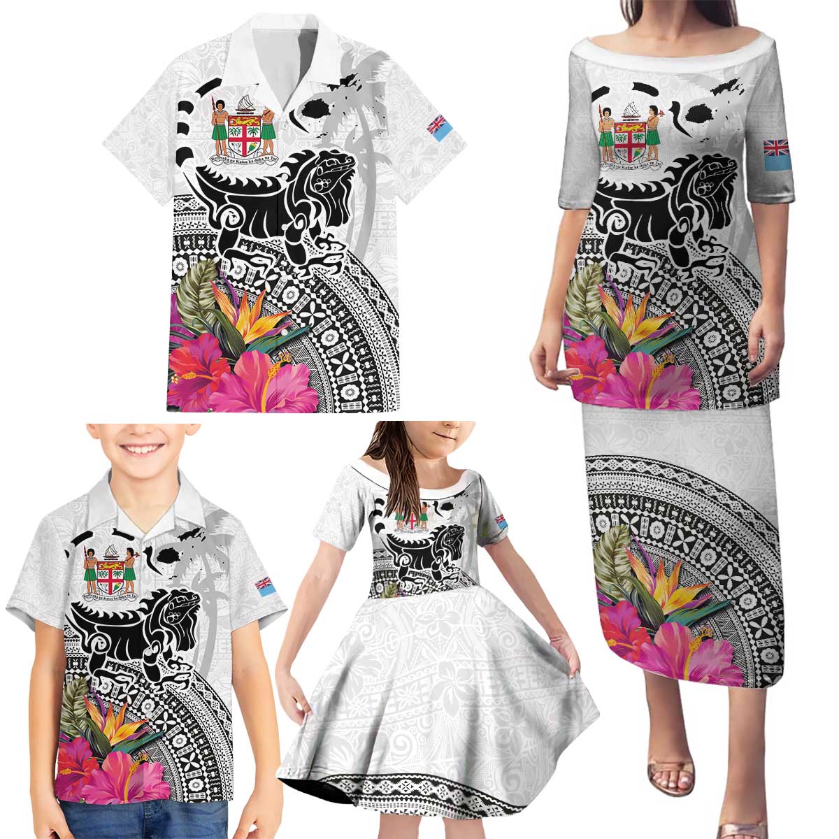Fiji Iguana Family Matching Puletasi and Hawaiian Shirt Tapa Tribal Tattoo and Hibiscus LT03 - Polynesian Pride