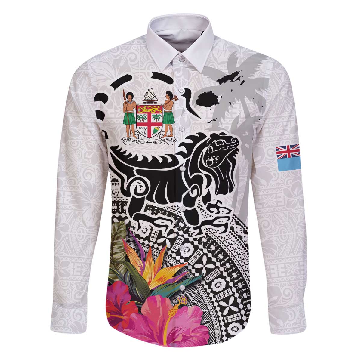 Fiji Iguana Family Matching Puletasi and Hawaiian Shirt Tapa Tribal Tattoo and Hibiscus LT03 Dad's Shirt - Long Sleeve White - Polynesian Pride