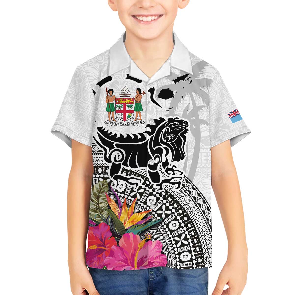 Fiji Iguana Family Matching Puletasi and Hawaiian Shirt Tapa Tribal Tattoo and Hibiscus LT03 Son's Shirt White - Polynesian Pride