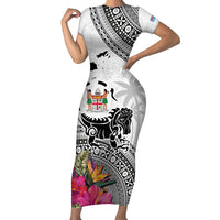 Fiji Iguana Family Matching Short Sleeve Bodycon Dress and Hawaiian Shirt Tapa Tribal Tattoo and Hibiscus LT03 Mom's Dress White - Polynesian Pride